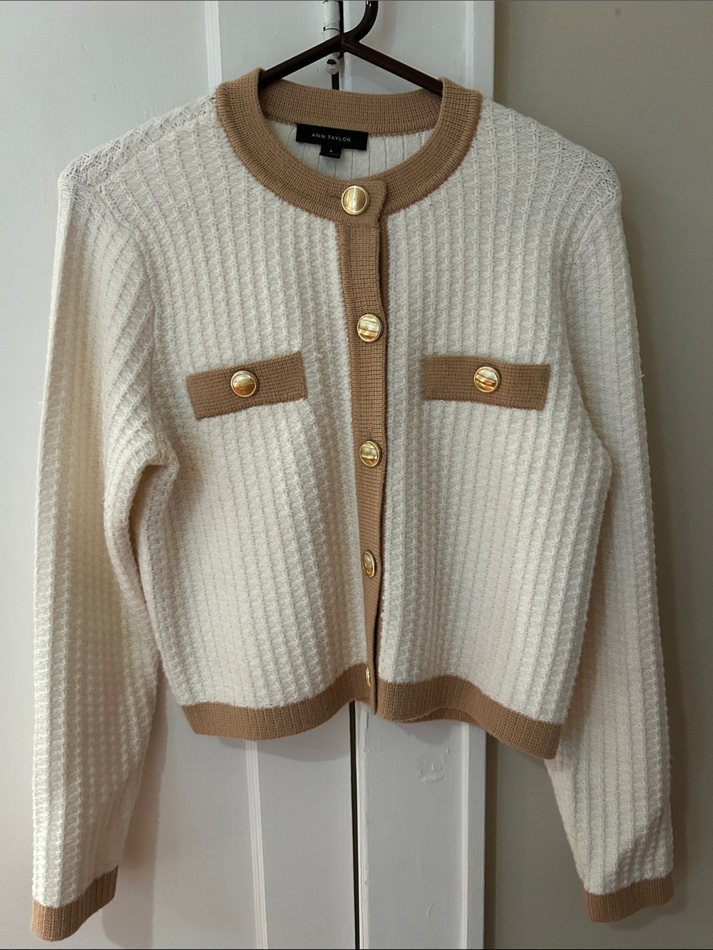 Ann Taylor Cream Cardigan with Camel Trim and Gold Buttons